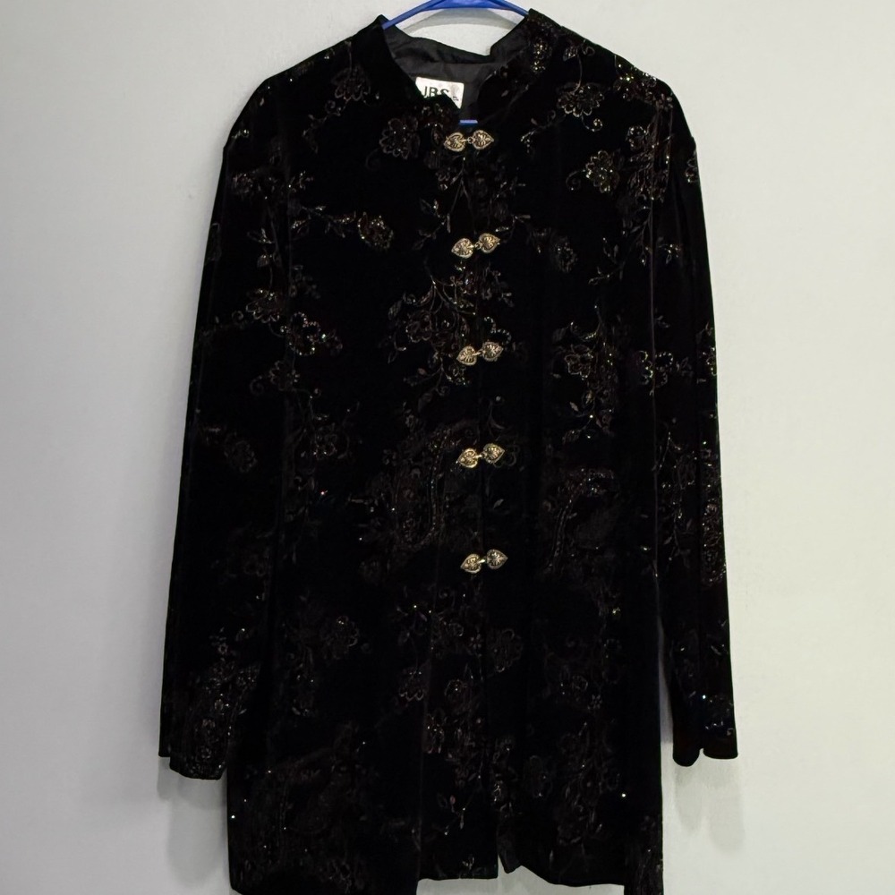 JBS Ltd Womens Plus 24W Black Velvet Gold Glitter Floral Mandarin Jacket 20888